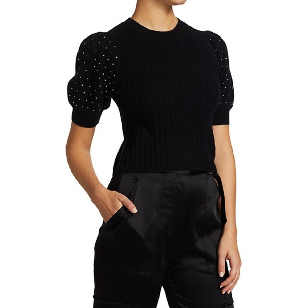 Jonathan Simkhai Daphne Wool Cashmere Knit Black Embellished Puff Sleeve Sweater